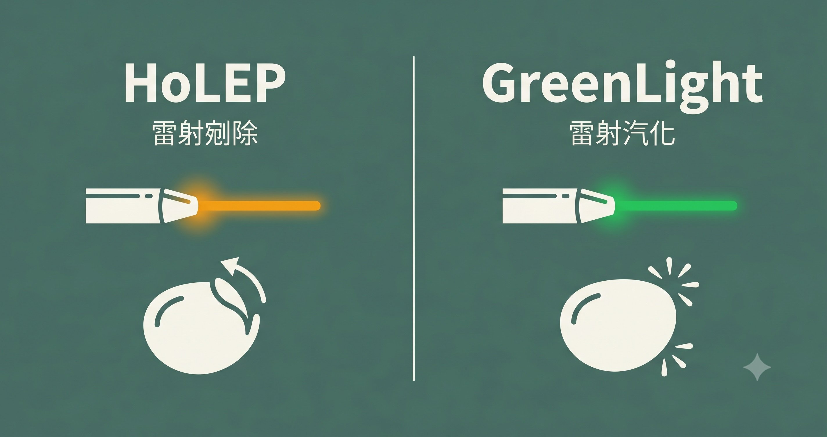 攝護腺雷射手術比較：HoLEP 剜除術與綠光雷射汽化術解剖示意圖