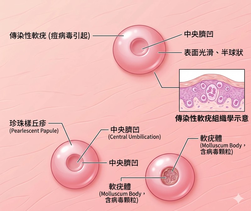 傳染性軟疣解剖示意圖：顯示中央臍凹、珍珠樣丘疹、軟疣體（含病毒顆粒）及組織學截面