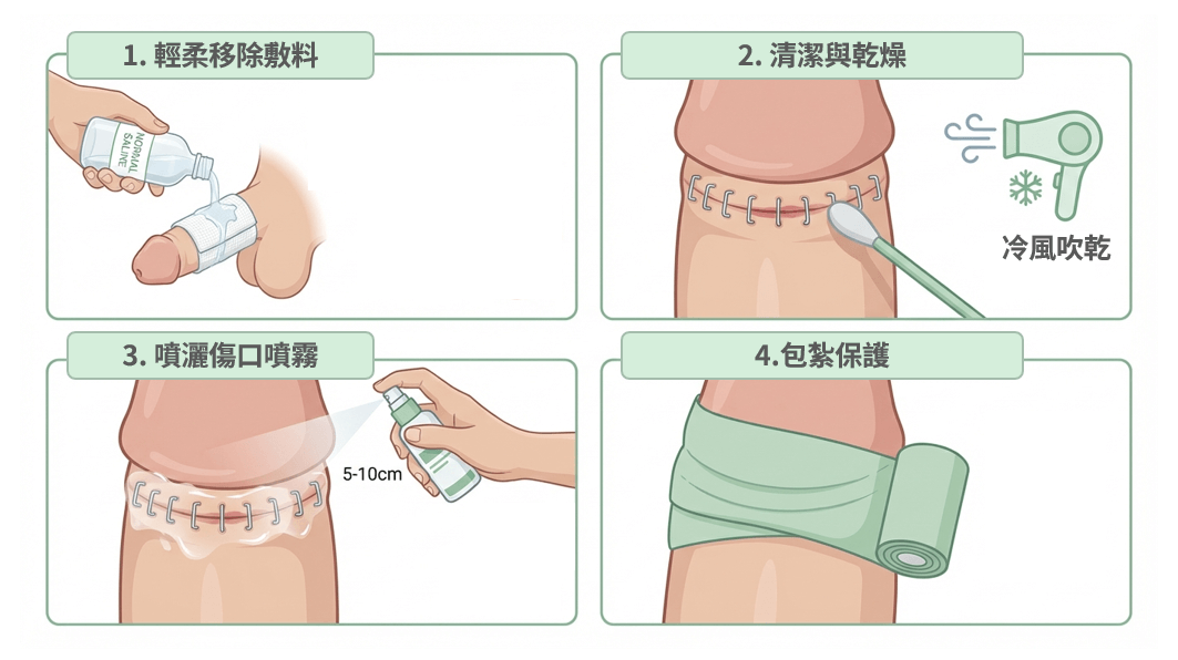 兒童包皮槍術後傷口噴霧換藥步驟圖解：移除紗布、清潔乾燥、噴灑噴霧、加壓保護