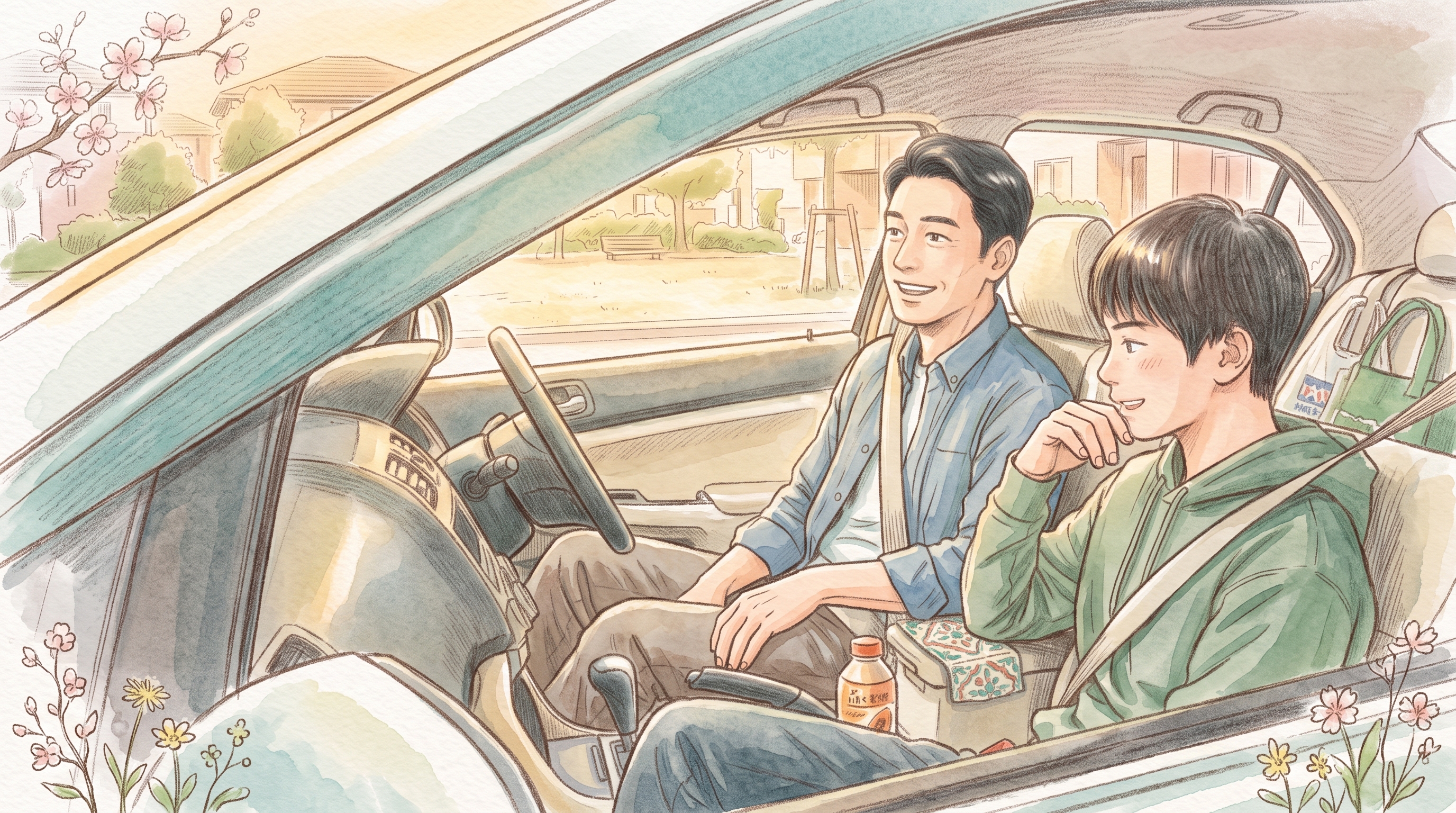 爸爸開車、青春期兒子坐在副駕自然聊天的水彩示意圖,呈現日常、不對看的談話情境
